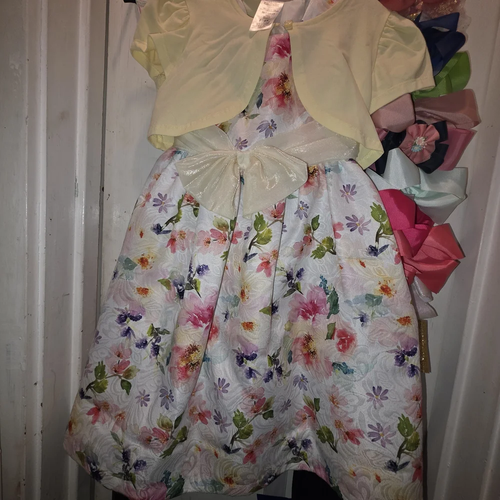 Bonnie Jean White Floral Satin Dress with Pale Yellow Bolero and Gold Bow